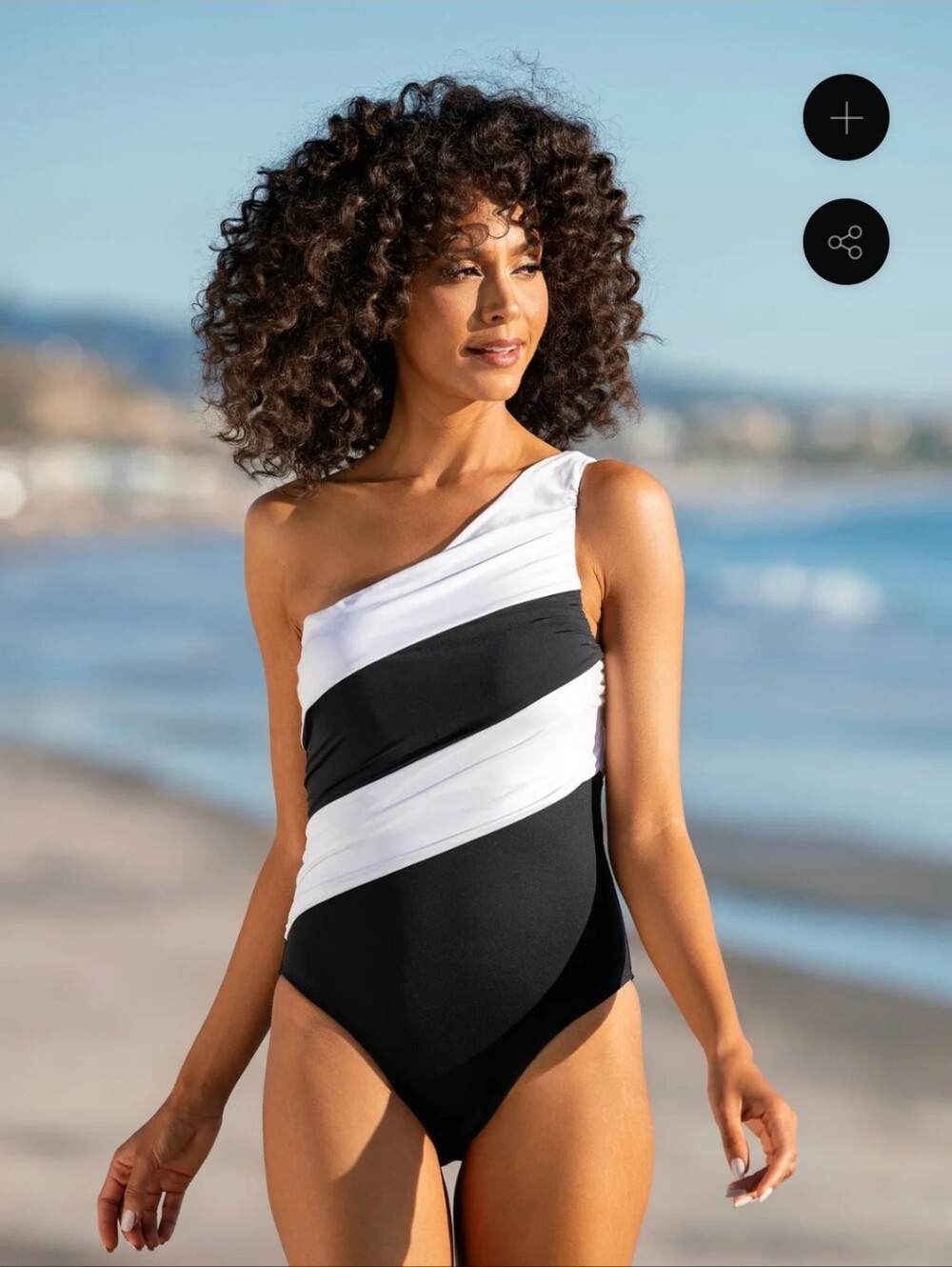 La Blanca Island Goddess 1 shoulder shirred black & White swimsuit Size 8 NWOT
